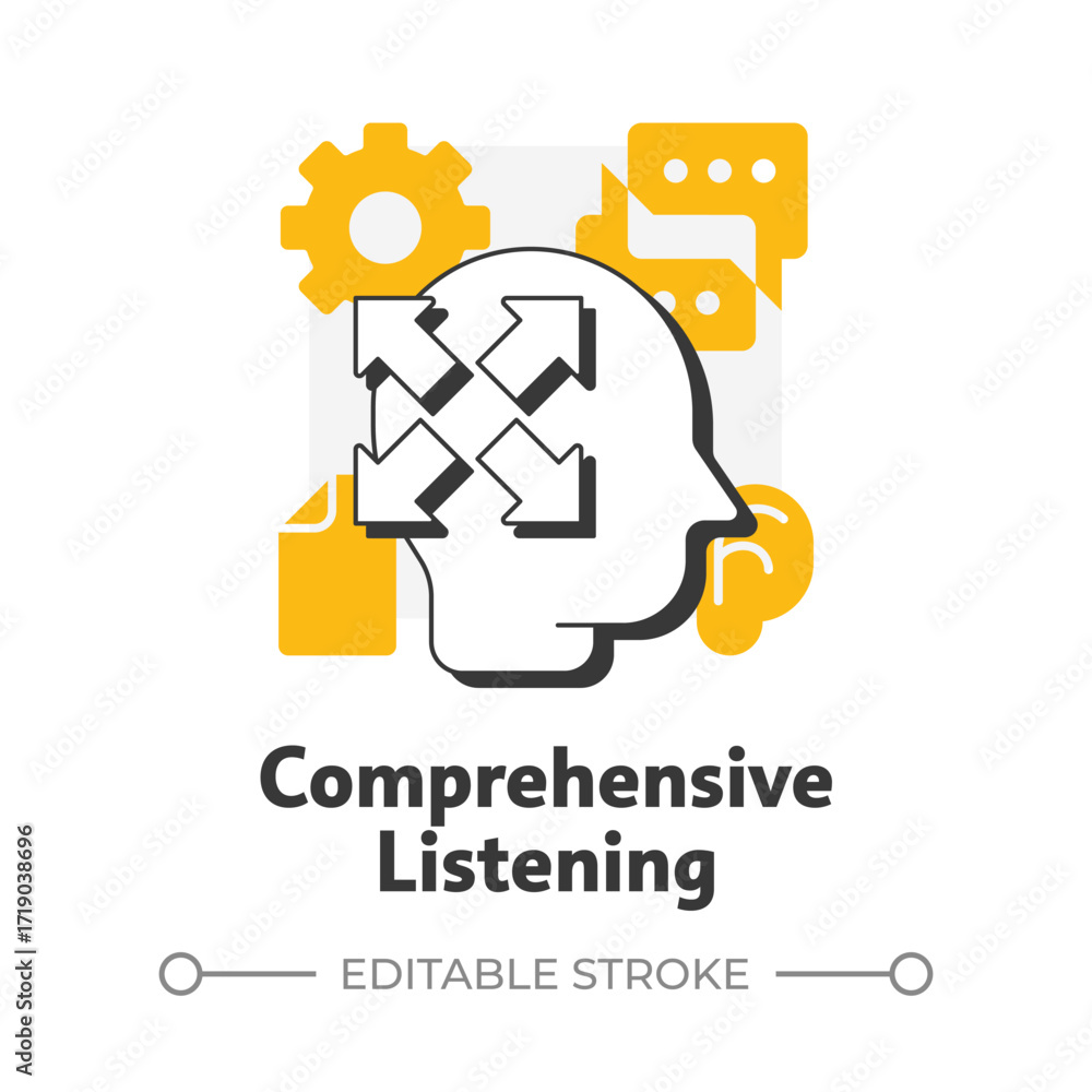 Poster comprehensive listening flat outline concept icon. studying process, knowledge learning. document wr