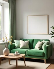 Fototapeta premium Living room with a green sofa and pillows, a wooden table with a vase, a window with a view of trees , and a blank picture frame on the wall 