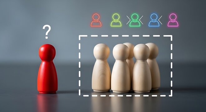 Red Peg Figure Question Mark Next to Group of Wooden Figures decision choice