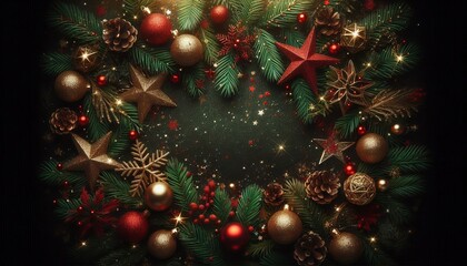 Dark green Christmas background with red and gold triangle pine branches, shiny stars and glitter. Christmas festival.
