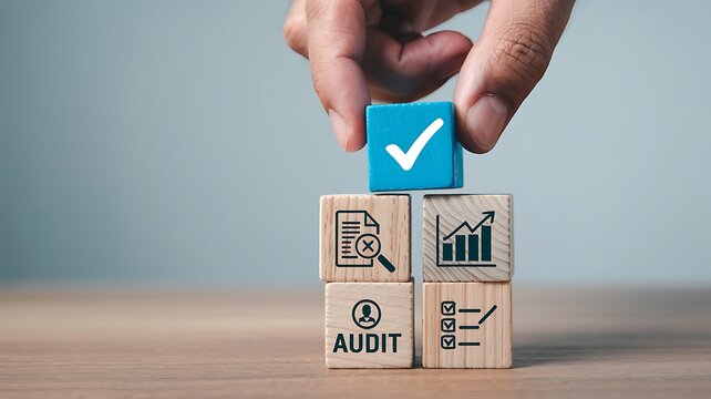 Hand places a blue block with a white checkmark on top of wooden blocks representing business concepts like audit and growth