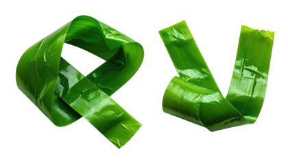 Two green leaf-shaped ribbons, forming the letters "Q" and "V