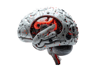A robotic brain model, gleaming white with red internal circuitry and a glowing red fish-like form within