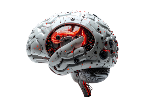 A robotic brain model, gleaming white with red internal circuitry and a glowing red fish-like form within