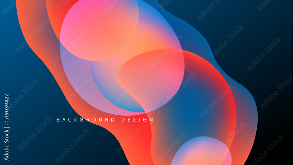 Poster abstract fluid shapes blend, creating vibrant color gradients. background features smooth transition