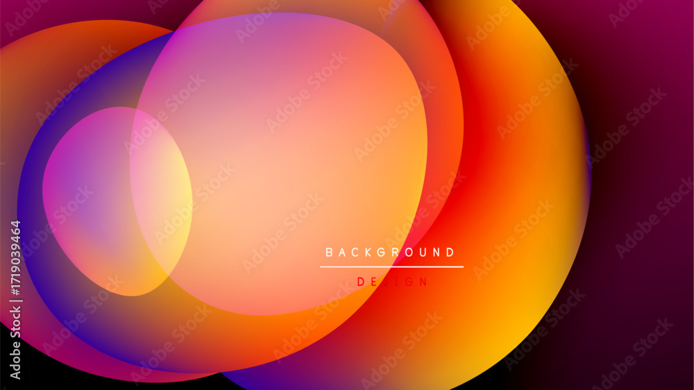 Poster abstract vibrant overlapping circles. gradient colors blend, creating dynamic visual effect. dark ba