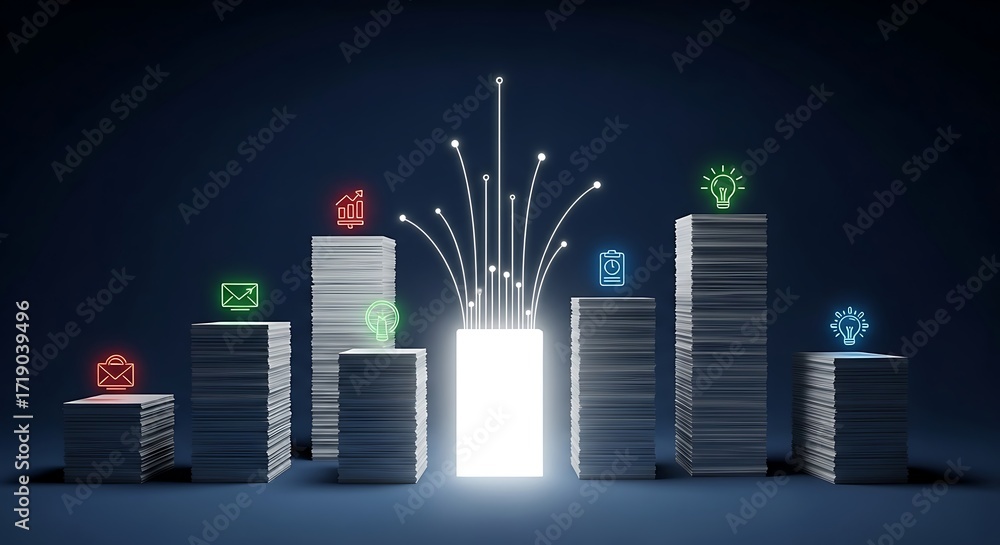 Poster stacks of paper with glowing central light and business icons data information