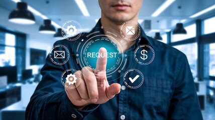 Man pointing to a digital interface with the word request in the center surrounded by various icons representing business and technology processes