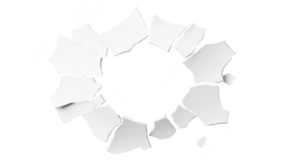 A large. circular hole in a white wall. cracked and broken plaster around the edges. suggesting damage or a dramatic entry point. suitable for design or renovation themes