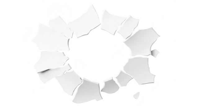 A large. circular hole in a white wall. cracked and broken plaster around the edges. suggesting damage or a dramatic entry point. suitable for design or renovation themes