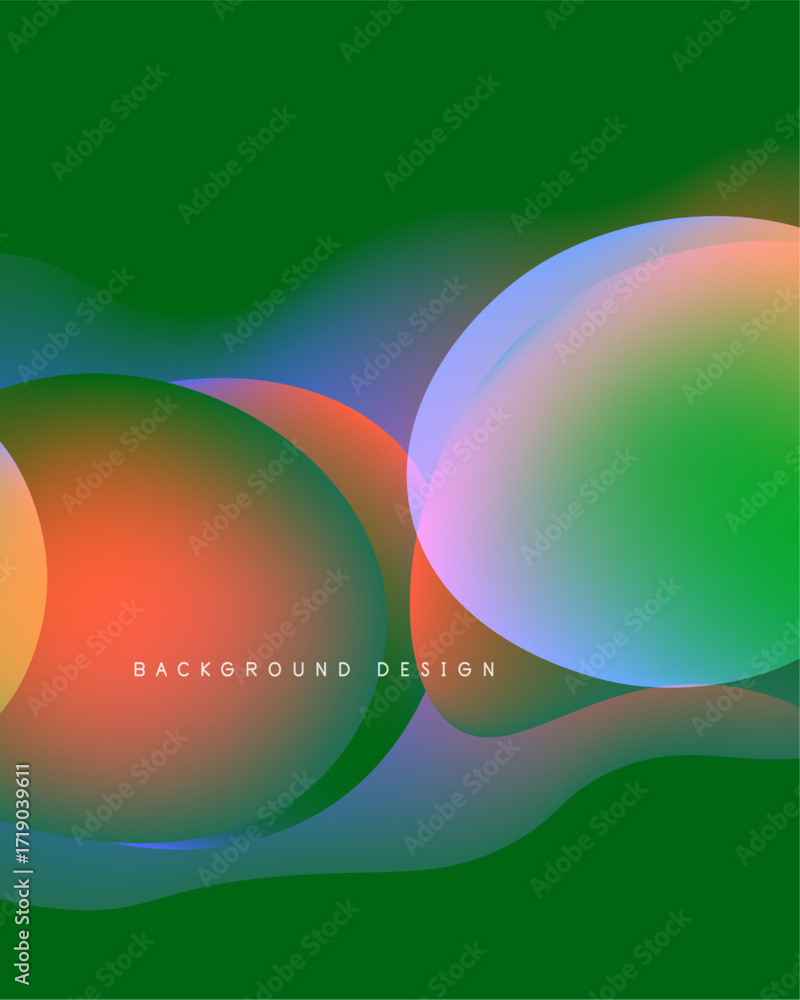 Poster abstract colorful shapes overlap green backdrop. smooth gradients create modern visual effect. desig