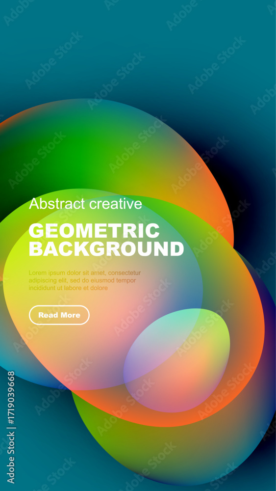 Poster vibrant abstract shapes overlap, creating colorful geometric background. text block present with rea
