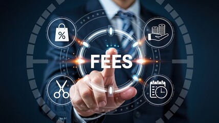 Businessman s finger touches digital interface displaying the word fees surrounded by icons representing costs and charges