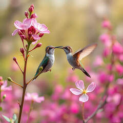 Obraz premium Graceful hummingbird resting on a flower stem with a tranquil mood in a blossoming garden landscape