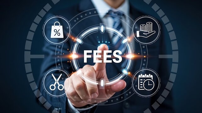 Businessman s finger touches digital interface displaying the word fees surrounded by icons representing costs and charges
