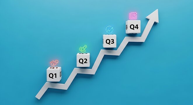 White arrow graph with cubes labeled Q1, Q2, Q3, Q4 and neon icons growth progress - Powered by Adobe