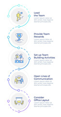 Team leadership infographic design template. Goal focus, communication. Problem solving. Data visualization 5 options. Process vertical flow chart. Montserrat SemiBold, Lato Regular fonts used © bsd studio