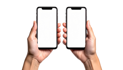 Two hands hold smartphones, blank screens facing forward