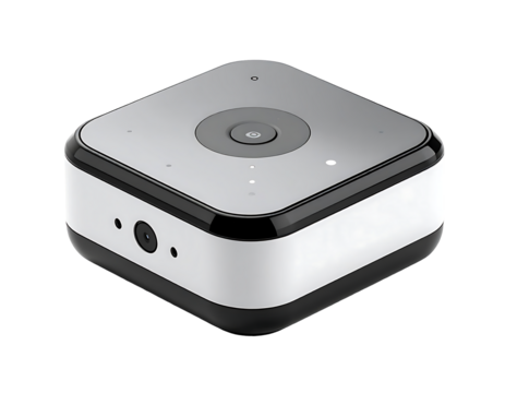 White square smart device with a gray top, subtle buttons, and a camera lens