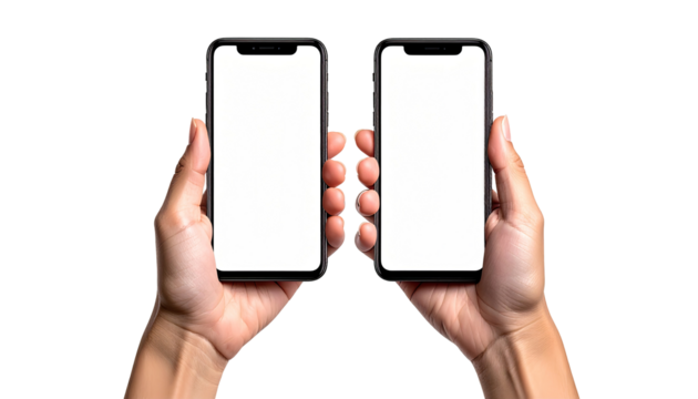 Two hands hold smartphones, blank screens facing forward