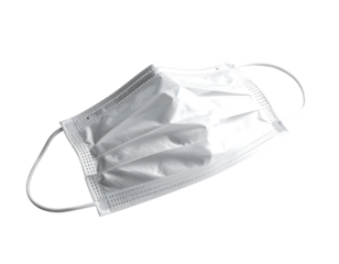 A disposable, pleated, white face mask with ear loops, isolated on a black background