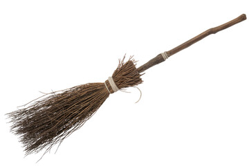 A rustic, twig broom with a wooden handle, isolated on a transparent background. background removed