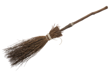 A rustic, twig broom with a wooden handle, isolated on a transparent background. background removed