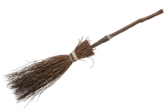 A rustic, twig broom with a wooden handle, isolated on a transparent background. background removed