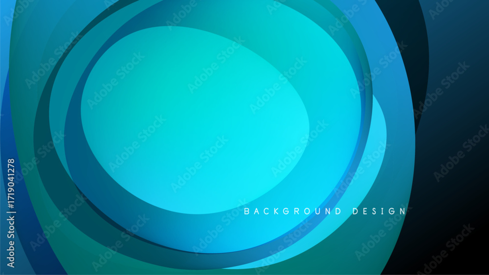 Poster abstract blue layers create dynamic oval shape. dark background enhances vibrant color gradients, mo