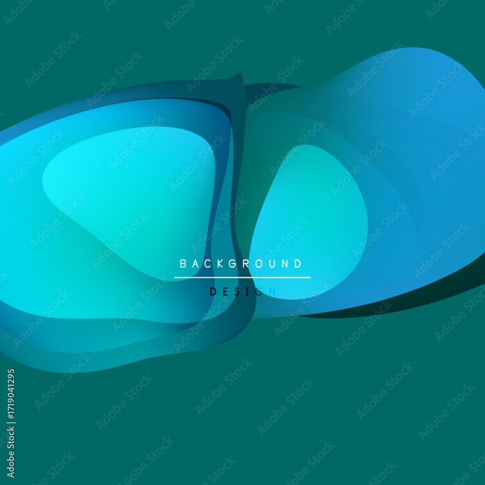 Poster abstract layers overlap, creating fluid shapes. teal, turquoise hues dominate design. text reads bac