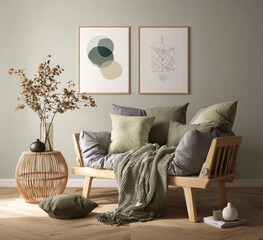 A serene living room scene with muted tones, featuring abstract artwork and a natural material couch.