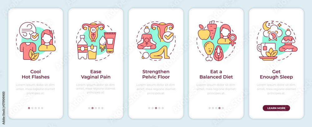 Poster menopause prevention onboarding mobile app screen. age changes. walkthrough 5 steps editable graphic