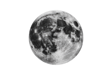 High-resolution grayscale image of the full moon, craters and surface details visible against a transparent background. background removed