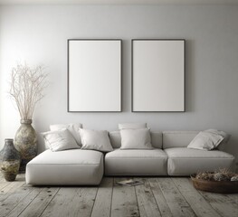 Two blank frames hang above a light gray sectional sofa in a minimalist living area.