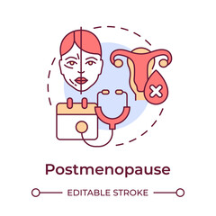 Postmenopause multi color concept icon. One year after the last menstrual period. Women health. Menopause stage. Round shape line illustration. Abstract idea. Graphic design. Easy to use in blog post