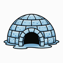 Fototapeta premium A vivid cartoon illustration of a sturdy igloo, expertly built from glistening blocks of ice and compacted snow, embodying a resilient shelter for extreme arctic cold
