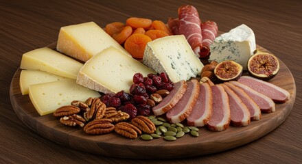 A charcuterie board for fall, with cheeses, nuts, dried fruits, and cured meats.
