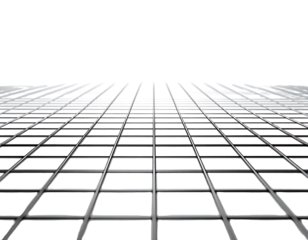 Low-angle view of a grid-like structure, possibly a building facade, receding into the darkness; metallic beams and glass panels form a repetitive pattern