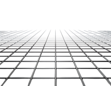 Low-angle view of a grid-like structure, possibly a building facade, receding into the darkness; metallic beams and glass panels form a repetitive pattern