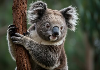 Koala climbing tree closeup