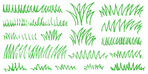 Obraz premium Collection of hand drawn green grass illustrations with a crayon texture on a white background