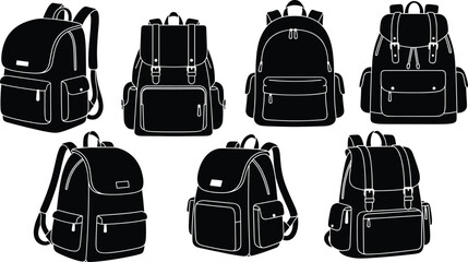 Backpack icon set, assorted travel, hiking, and school bag designs, black silhouette outdoor gear illustrations, vector art