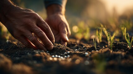 Close-up of adult hands planting seeds in fertile soil at dawn, warm light on earth and hands, green sprouts in background, realistic artistic farming photography