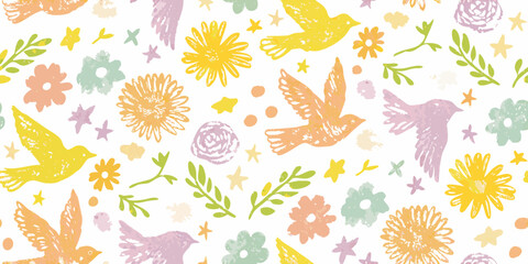 Whimsical hand drawn birds and flowers seamless pattern in pastel colors