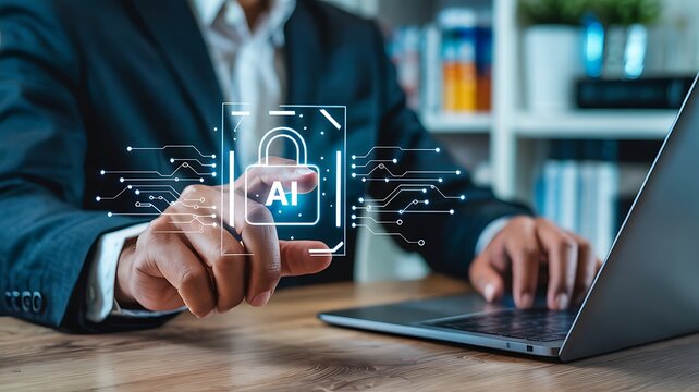 Businessman interacting with a futuristic digital padlock interface featuring ai technology for enhanced cybersecurity and data protection