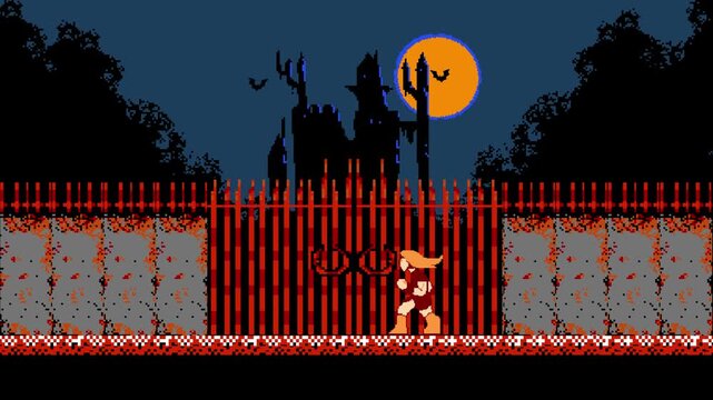 A young warrior stands before the gate of a vampire castle under a full moon,  bats take flight as the gate creaks open, perfect for a pixel art game mock-up