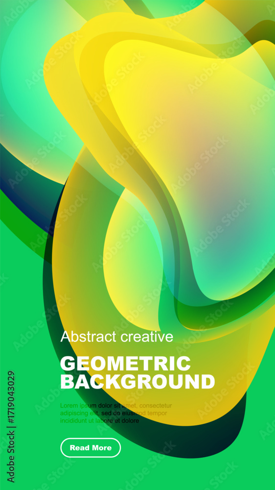 Poster vibrant abstract shapes overlap, creating dynamic gradient effect. green, yellow hues dominate desig