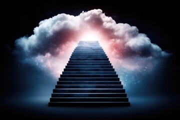 Dark stairway leading to glowing clouds in the night sky