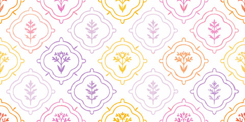 Seamless pattern of stylized floral motifs in quatrefoil frames with pastel watercolor texture