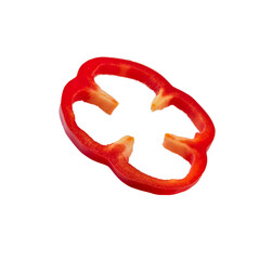 Red bell pepper portion on isolated white background with clipping path. Close up background and texture of green leaves cut cabbage. Food background. Top view.